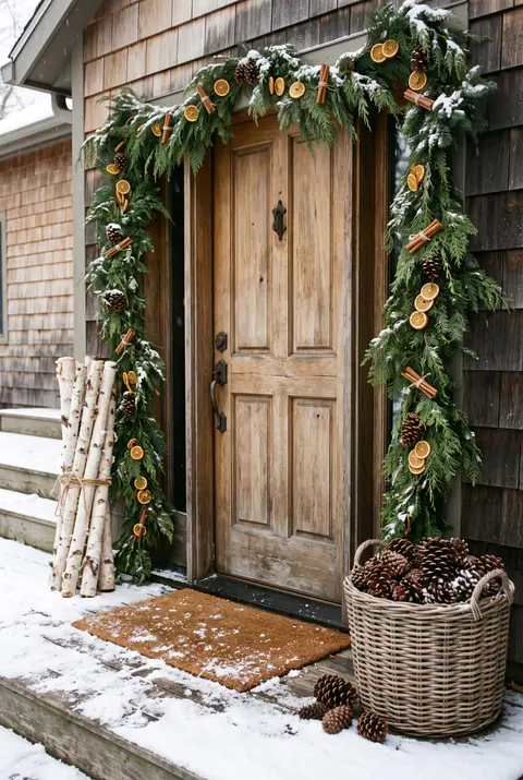 Natural wood front door with cedar garland threaded with dried orange slices, birch logs tied with twine and a basket of pinecones