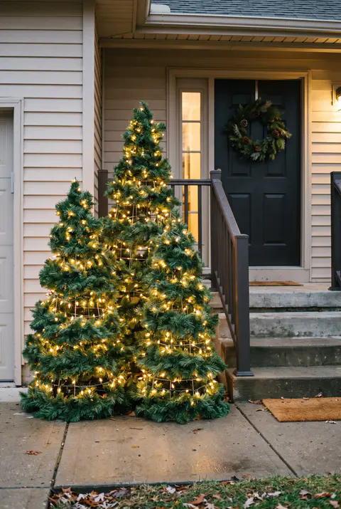 Three DIY Christmas trees made from tomato cages wrapped in garland and warm white lights beside front porch steps