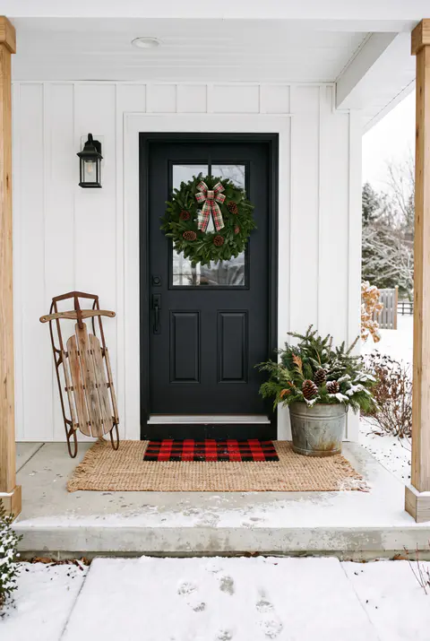 Farmhouse porch with a buffalo check doormat layered over a jute rug, a wooden sled and a galvanized bucket of evergreens
