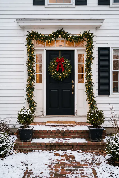 White colonial front door framed with a lit fir garland and a wreath with a red velvet bow, snow on the brick steps