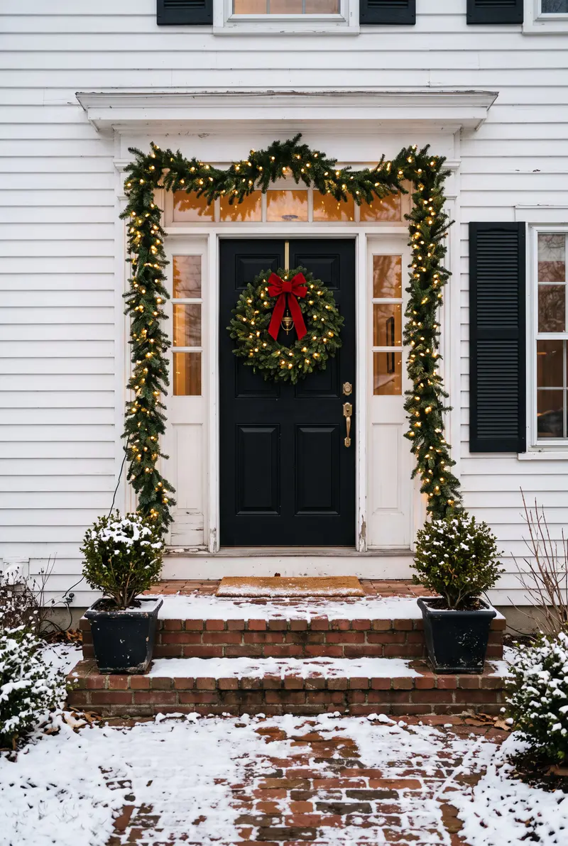 White colonial front door framed with a lit fir garland and a wreath with a red velvet bow, snow on the brick steps