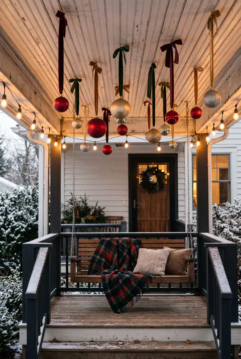 Oversized red, gold and silver ornaments hanging from a white beadboard porch ceiling on velvet ribbons above a porch swing