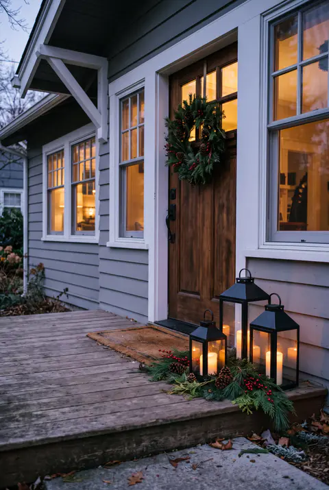 Three black metal lanterns with glowing candles beside a craftsman front door, tucked with pine branches, pinecones and red berries