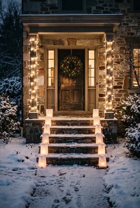 Stone house front steps at night lined with glowing white paper bag luminaries and string lights on the porch columns