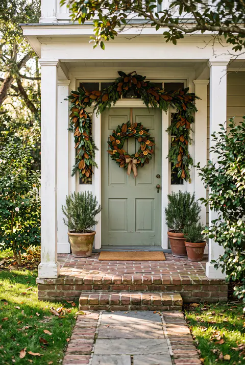 Southern front porch with a magnolia leaf garland, a magnolia wreath with dried orange slices on a sage green door and rosemary topiaries
