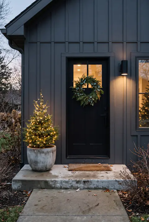 Charcoal modern house entry with a cedar and eucalyptus wreath on a black door and a lit pine tree in a concrete planter