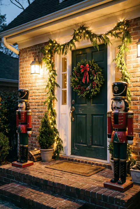 Two tall nutcracker soldier statues in red and gold flanking a dark green front door with a wreath and lit garland