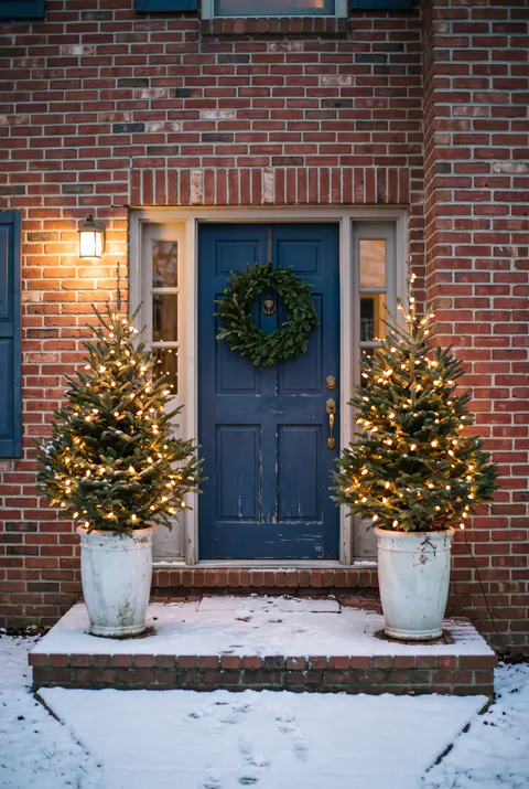 Two potted Christmas trees with warm white lights in tall white urns flanking a navy blue front door on a brick house