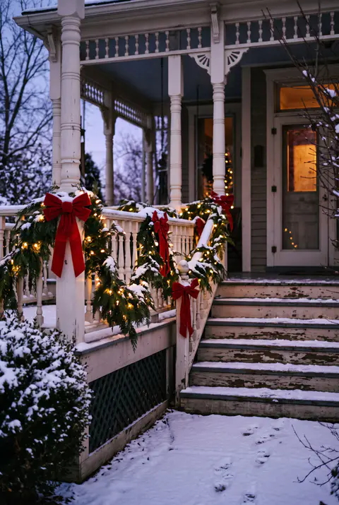 Fir garland with mini lights and red velvet bows wrapped around a Victorian porch railing at twilight