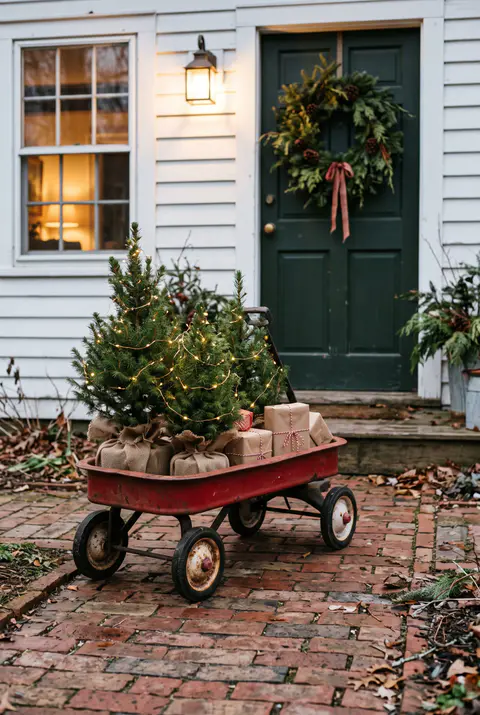 Red metal wagon filled with small lit potted Christmas trees and kraft paper gifts on the brick walk of a white cottage