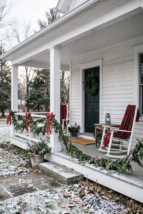 White rocking chair with a red plaid throw on a covered farmhouse porch with garland and red bows on the railing