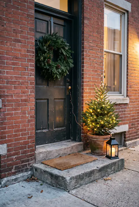 Small brick apartment stoop with a wreath on an over-the-door hanger, a lit potted tree and a black lantern