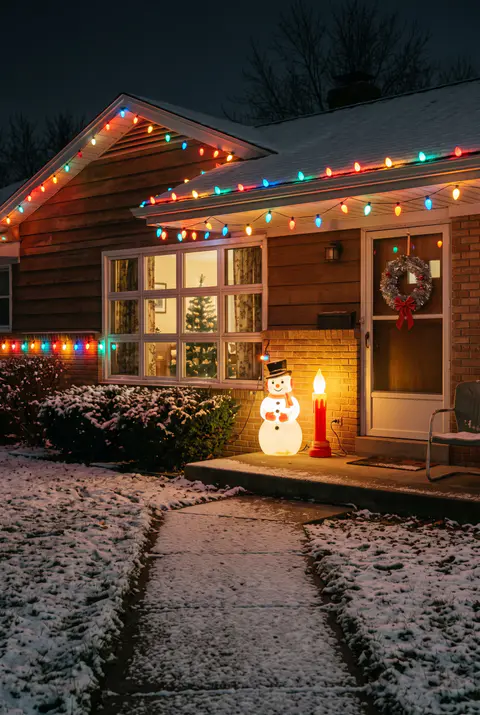 1950s ranch house at night with colorful C9 bulb lights on the roofline and vintage light-up snowman and candle blow molds
