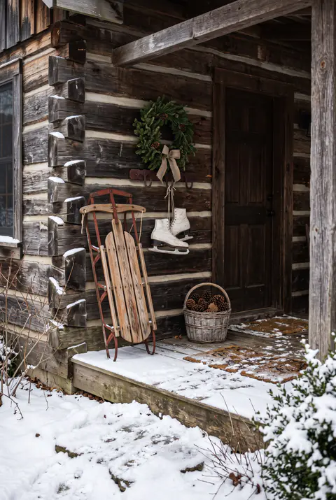 Vintage wooden sled and white ice skates under a small wreath on a log cabin porch with a basket of pinecones