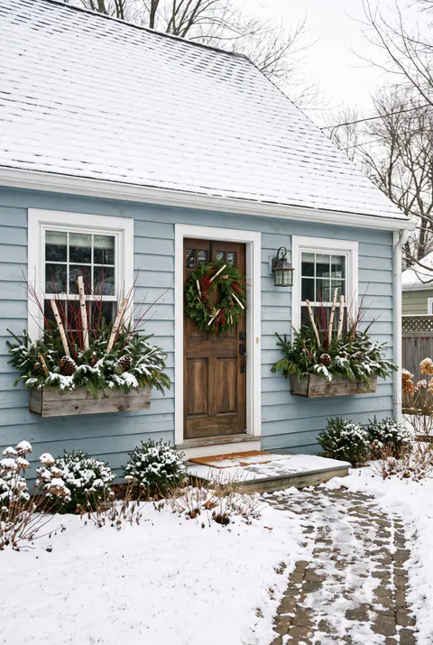 Pale blue Cape Cod house with window boxes full of evergreen clippings, red twig dogwood, birch sticks and pinecones
