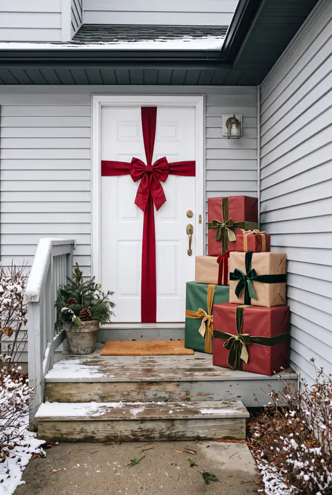 White front door wrapped with a wide red ribbon and bow like a present, with stacked wrapped gift boxes beside it