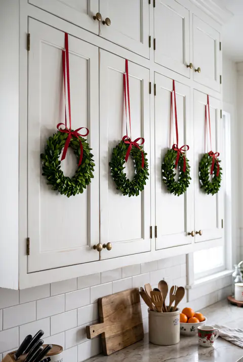 Upper kitchen cabinets with small boxwood wreaths hanging from thin red ribbons in a classic white kitchen with brass hardware