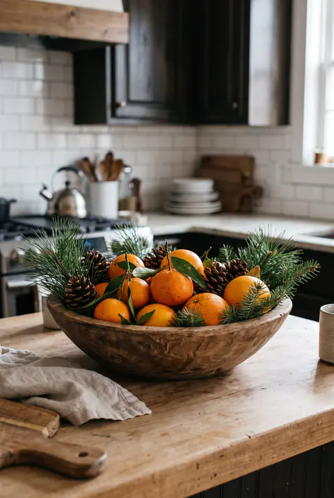 Wooden bowl of clementines and oranges with leaves, pinecones and evergreen sprigs on a kitchen island with a white subway tile backsplash
