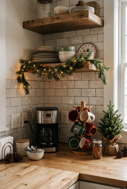 Christmas coffee bar in a kitchen corner with festive mugs on a wooden mug tree, a mini Christmas tree, cinnamon sticks and a lit garland