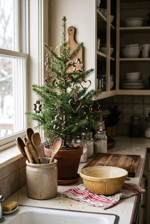Small Christmas tree on a kitchen counter decorated with vintage metal cookie cutters tied with red and white baker's twine