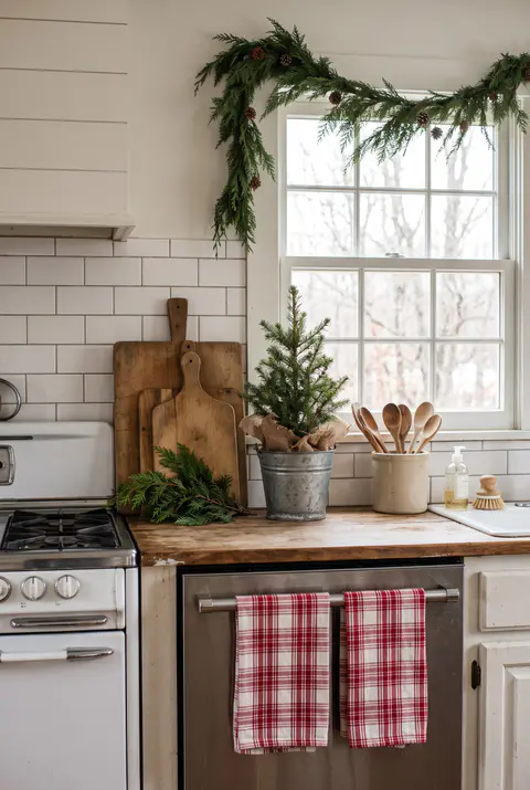 Farmhouse kitchen with red and white plaid tea towels on the oven, cutting boards with greenery, a galvanized bucket with a mini tree and a garland