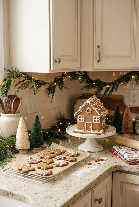 Kitchen counter with a homemade gingerbread house on a cake stand, gingerbread cookies on a cooling rack, bottle brush trees and a lit garland