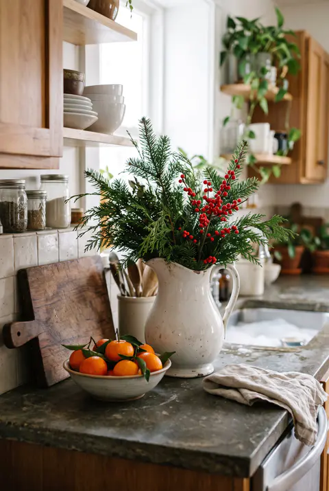 White ironstone pitcher filled with evergreen branches, cedar and red winterberry next to a cutting board and a bowl of clementines