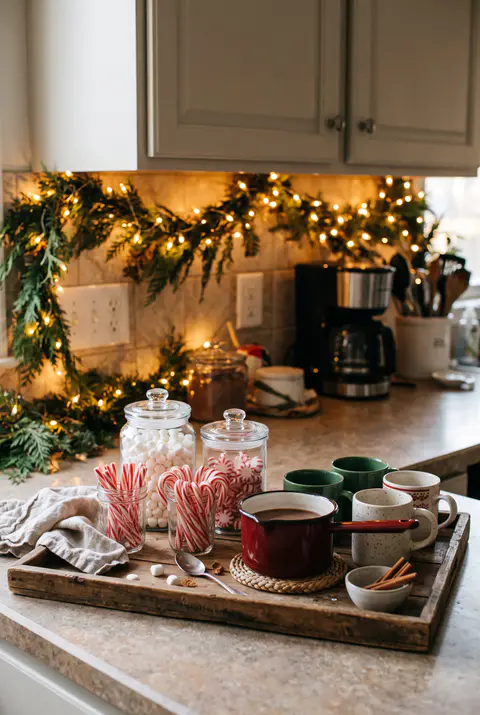 Hot cocoa bar on a kitchen counter with mugs, jars of marshmallows and peppermints, candy canes and a lit garland behind it