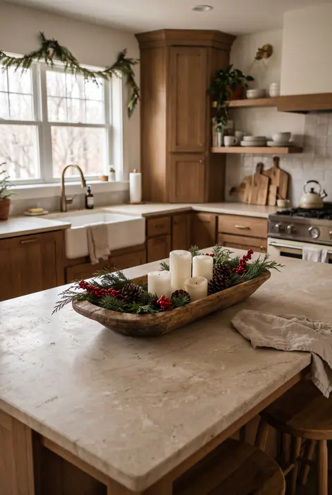 Kitchen island with a wooden dough bowl of greenery, pinecones, red berries and three white pillar candles, the rest of the island clear
