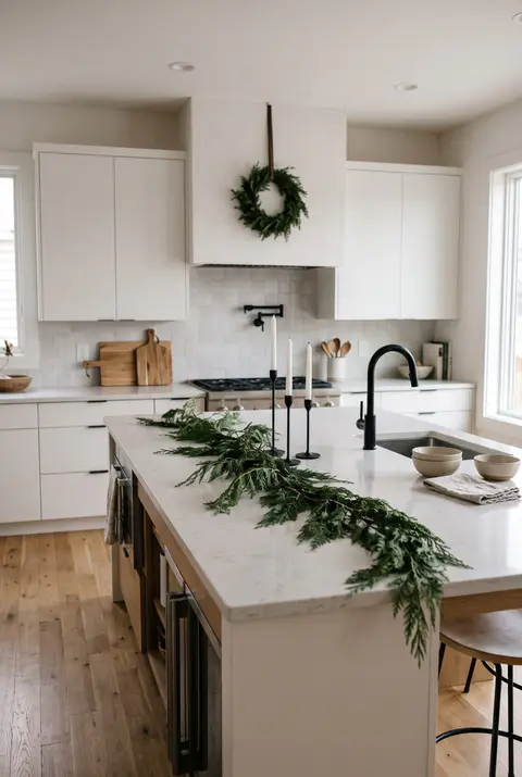 Modern white kitchen with one long evergreen branch across the island, three black candlesticks with white tapers and a small wreath on the hood