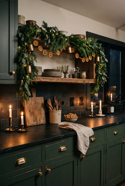 Dark green kitchen with brass hardware decorated with a lush garland with small brass bells, glowing candles and dried orange slices