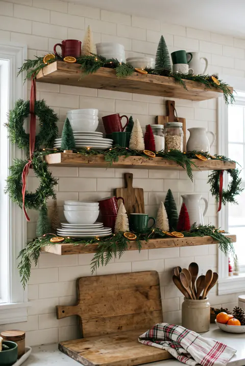 Open wooden kitchen shelves with a thin garland along the front edges, white dishes, red and green Christmas mugs and small bottle brush trees