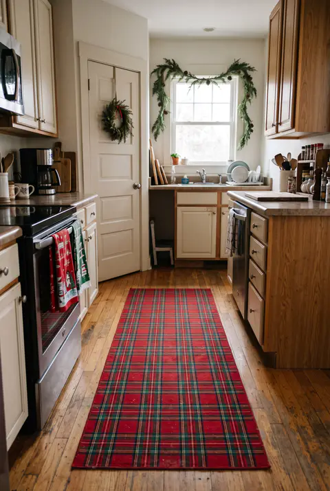 Galley kitchen with a long red and green plaid runner rug, Christmas tea towels, a wreath on the pantry door and a garland over the window