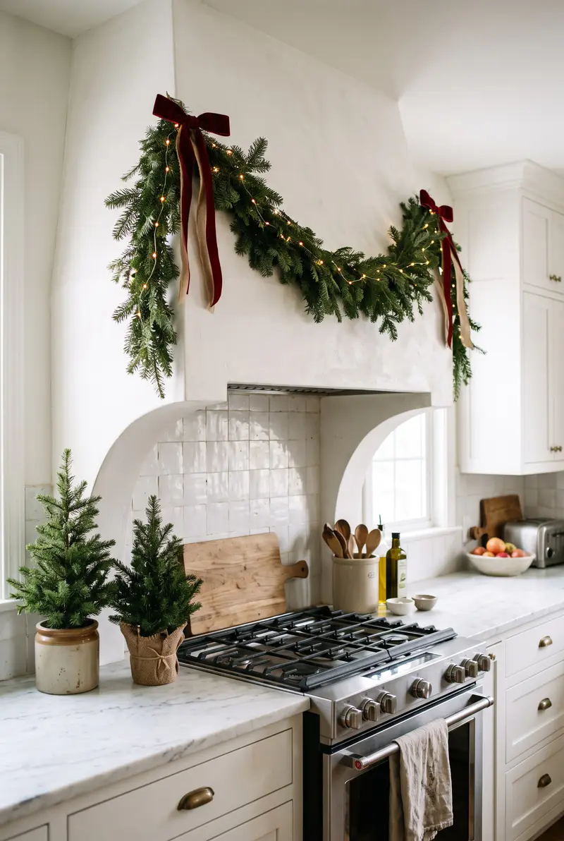 White kitchen with a lit fir garland across the top of a plaster range hood, red velvet bows at the corners and two small potted trees beside the stove