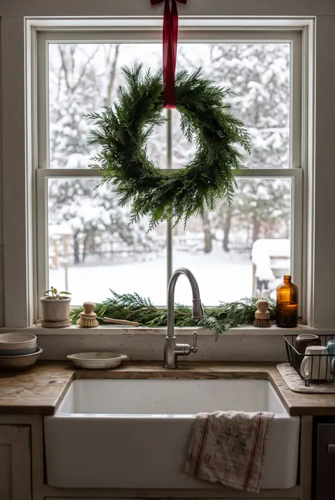Kitchen window above a white farmhouse sink with an evergreen wreath hanging from a red ribbon and a small garland on the sill