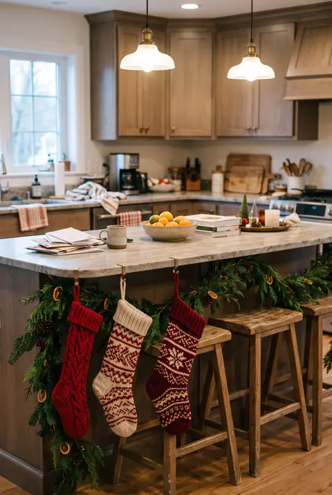 Red and cream knit Christmas stockings hanging from hooks along the edge of a kitchen island with a garland along the front