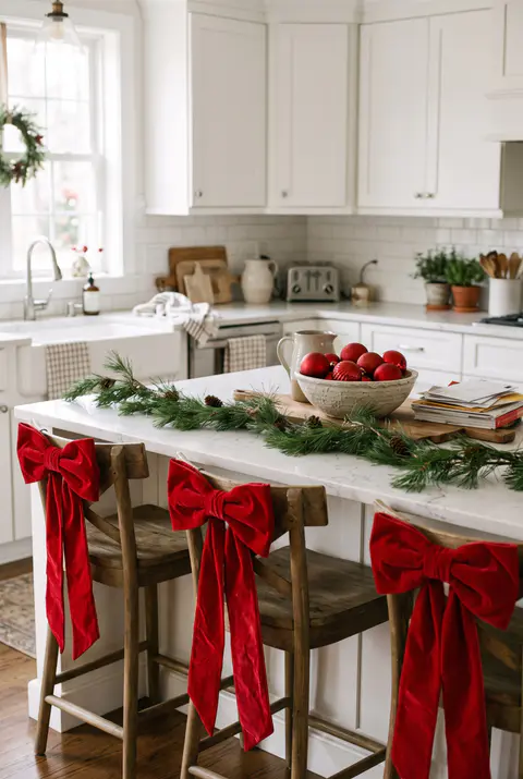 Kitchen island counter stools with large red velvet bows tied to the backs, a garland along the island and a bowl of red ornaments