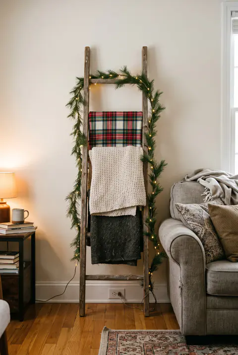 Wooden blanket ladder against a living room wall with plaid and knit throws, a thin garland and warm fairy lights