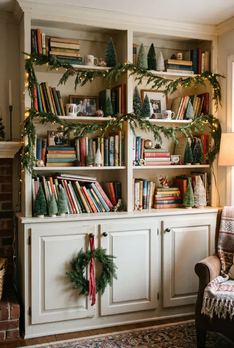 Built-in bookshelves with a lit fir garland along each shelf edge, small bottle brush trees between the books and a wreath below