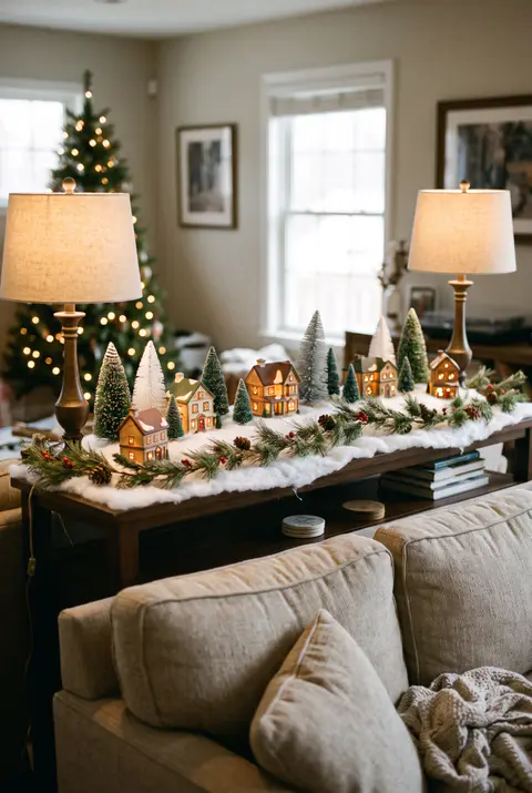 Console table behind a sofa with a miniature Christmas village of lit ceramic houses and bottle brush trees on faux snow