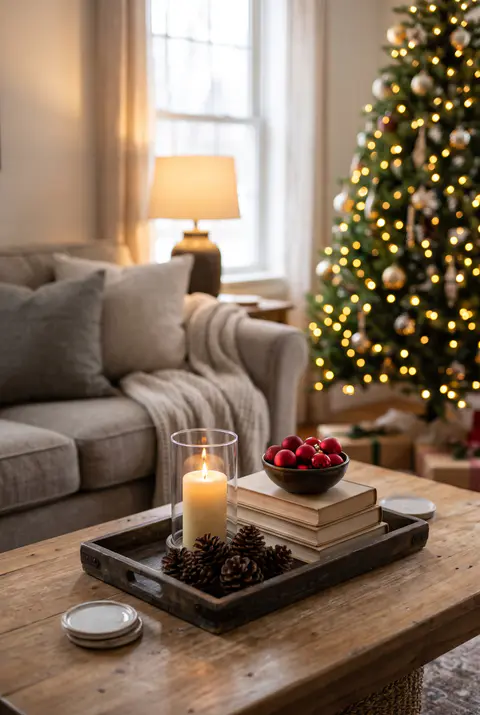 Wooden coffee table with a Christmas tray of pinecones, a candle in a hurricane, books and a bowl of red ornaments