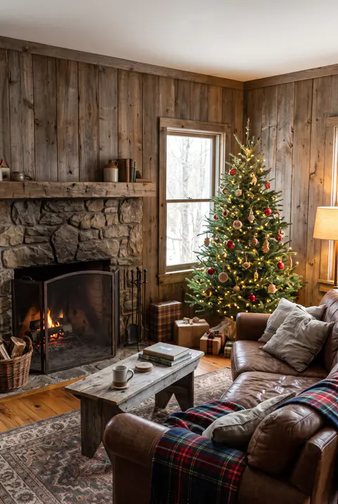 Cozy cabin living room with wood walls, a leather sofa with plaid blankets, a tree with red and wooden ornaments and a stone fireplace
