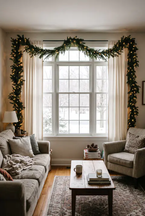 Living room window framed with a lush lit fir garland across the top and down both sides, with a sofa and armchair in front