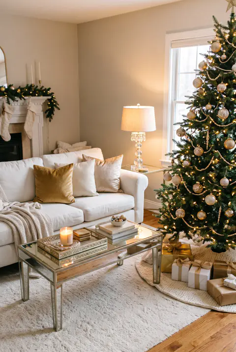 Elegant gold and white Christmas living room with a white sofa, gold velvet pillows, a gold and champagne tree and a mirrored coffee table