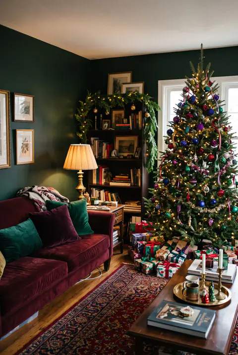 Maximalist Christmas living room with a wine red velvet sofa, emerald and mulberry pillows, a full tree and brass lamps against dark green walls