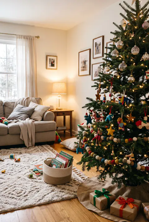 Kid-friendly Christmas living room with felt and wooden ornaments on the lower branches, a felt ball garland and a basket of books