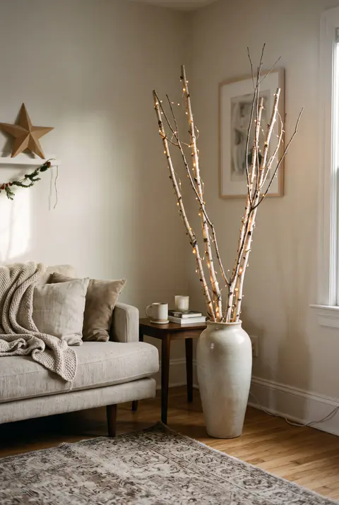 Tall ceramic floor vase in the corner of a modern living room holding birch branches wrapped in tiny warm lights