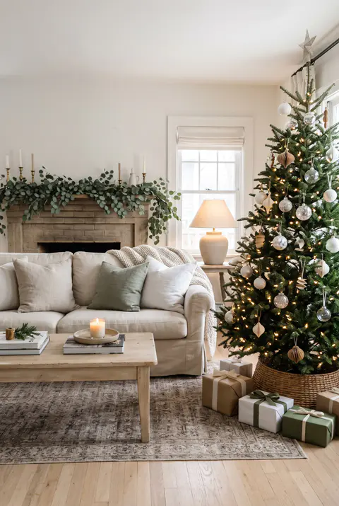 Calm neutral Christmas living room with a green tree with white and clear ornaments, a cream sofa, linen pillows and a eucalyptus garland