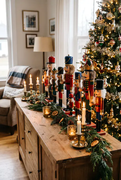 Wooden nutcracker soldiers of different heights lined up on a living room sideboard next to a Christmas tree with garland and candles