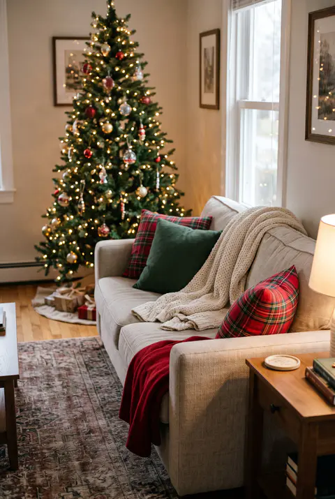 Neutral sofa with red and green plaid pillows, a cream knit throw and a red wool blanket, with a lit Christmas tree in the background